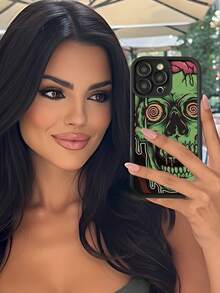 1pc Black Green Skull Art Pattern TPU Phone Case Full Body Shockproof Non Slip Cover Holiday Gift For Girlfriend Or Self Use Compatible With Iphone 17 16 15 14 13 12 11 Xr Xsmax Xs X Galaxy A And Galaxy S25 S24 S23 S22 Series - 黑色 - 查看 2