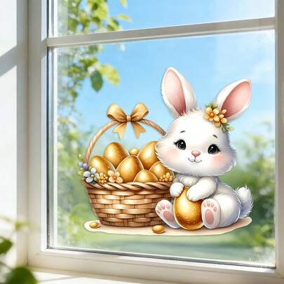 1 pièce Autocollant de fenêtre aquarelle avec œuf de Pâques et lapin, décoration de restaurant adhésif statique pour vitre, amovible et réutilisable, pour maison, salon, chambre, fenêtres - Installation, décoration de Pâques en PVC