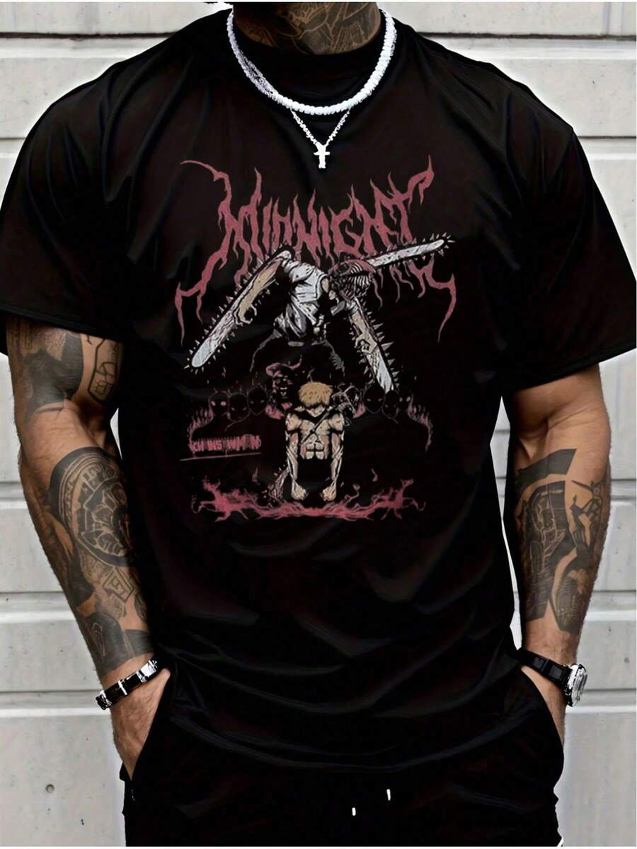 "ChainsawMan" 100%Cotton Tee -Anime Printed Round Neck T-Shirt,Men's And Women's Sports Leisure Tee,Classic Graphic T-Shirt, Soft And Comfortable T-Shirts - Đen 6 - Xem 1