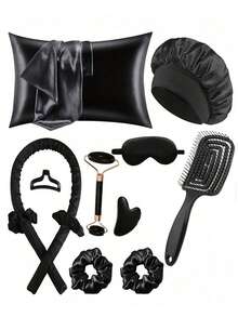 12件套睡眠美发造型工具套装，包含卷发棒、面部按摩器、1个枕套（加大尺寸，适用于双人床）、亲肤护发产品、免加热卷发棒套装、夜间卷发棒、1个睡眠眼罩、1个缎面睡眠帽、女士面部按摩滚轮护肤工具、卷发棒、免加热卷发器。情人节礼物。 - 彩色 - 查看 1