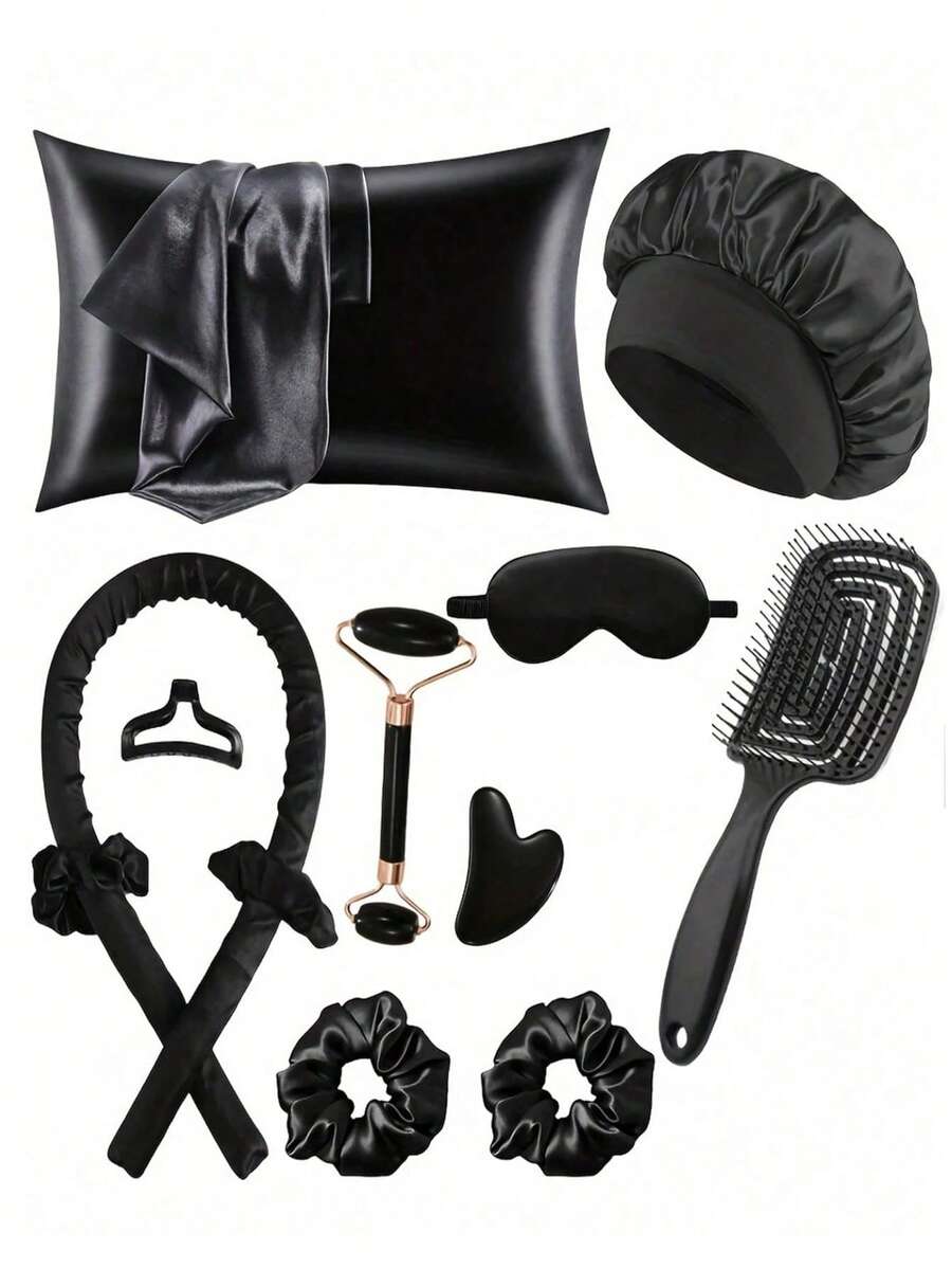 12件套睡眠美发造型工具套装，包含卷发棒、面部按摩器、1个枕套（加大尺寸，适用于双人床）、亲肤护发产品、免加热卷发棒套装、夜间卷发棒、1个睡眠眼罩、1个缎面睡眠帽、女士面部按摩滚轮护肤工具、卷发棒、免加热卷发器。情人节礼物。 - 彩色 - 查看 1