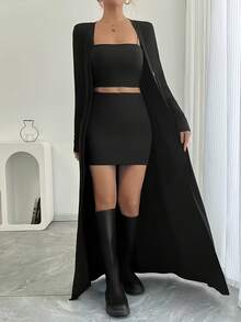 Cárdigan largo de ajuste ceñido de manga larga con botones, de unicolor y versátil, para mujer de talla grande, color negro, para primavera - Negro - Ver 5