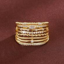 1pc Minimalist Geometric Parallel Lines Wide Band Design Cubic Zirconia Inlaid Fashion Ring For Women - Multicolor - View 6