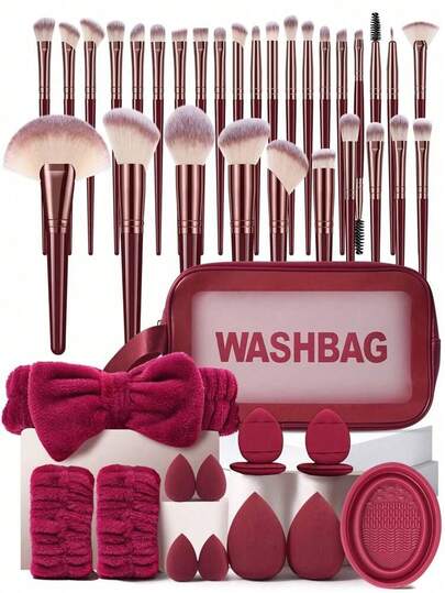 45pcs Makeup Brush Set, Includes: 30pcs Makeup Brushes + 1 Multi-Functional Waterproof Zipper Makeup Bag + 1 Headband + 2 Hanging Ropes + 4 Mini Air Cushion Puffs + 4 Mini Makeup Sponges + 2 Makeup Sponges + 1 Makeup Brush Cleaning Tool Kit, All-In-One, Beginner-Friendly | Convenient For Travel, Great Gift | Perfect For Beginners/Women,Giveaways,Professional Makeup Brushes,Complete Makeup Set