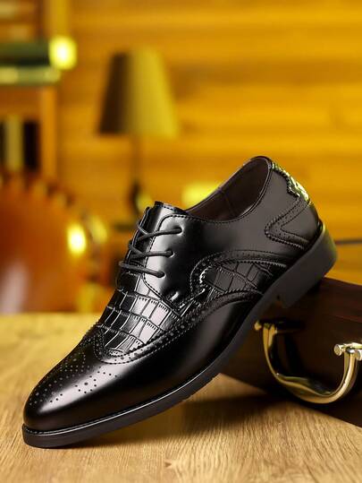 1 par de zapatos casuales de vestir para hombre con puntera redonda, tacón bajo, parte superior de cuero PU y suela de goma, cómodos y antideslizantes, adecuados para la oficina y el uso diario