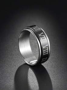1pc Fashionable Stainless Steel Roman Numeral Rotatable Ring, Unisex - Roman Numerals - View 12