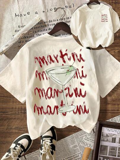 Martini Drinking Club Graphic T-Shirt, Women's Casual Round Neck Short Sleeve Tee For Summer, Vacation, Beach