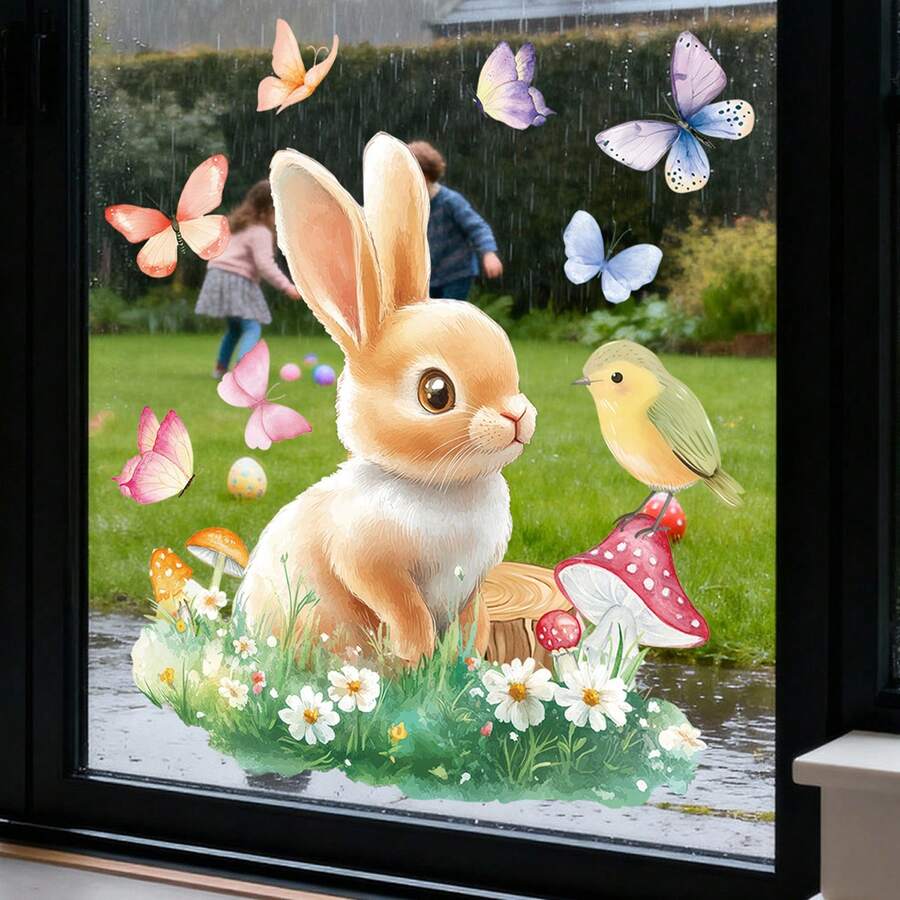 1pc Reusable Colorful Easter Bunny & Flower Static Cling Window Decal, Removable Glass Sticker For Living Room, Bedroom, Home Window Decoration, Bunny Decor - Multicolor - View 1