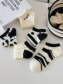 5 Pairs Women's Black & White Striped Polka Dot Ankle Socks, Girls' Breathable Moisture-Wicking Low-Cut Socks For Spring & Summer - Black and White - View 5
