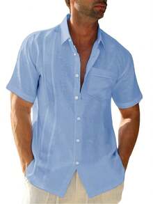 Runcati Mens Short Sleeve Cuban Camp Guayabera Shirt Linen Cotton Hippie Beach Button Down Shirts - màu xanh da trời - Xem 2