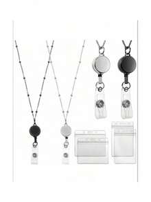 1 Set Women Badge Lanyard Badge Necklace Retractable Badge Reel With 2 ID Card Holders, Girl Necklace Nurse Office Worker, Back To School Season - 彩色 - 查看 4