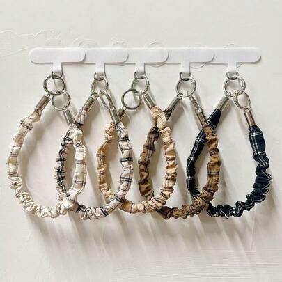 1件复古英伦格纹褶皱手机壳，带腕带，便携式相机挂绳