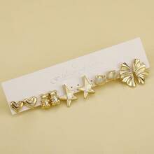Set de 5 a 40 pares de pendientes chapados en oro con diferentes formas de animales, estrellas de mar, conchas, flores, mariposas, ositos pequeños, adecuados para el uso diario de todas las niñas - #5 Dorado - Ver 7