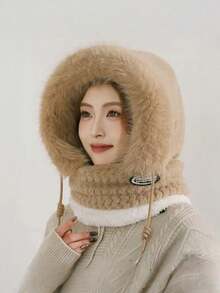 1Pc Women's Plush 3-In-1 Winter Mask Hat & Scarf, Cycling Scarf Mask Integrated Hooded Hat, Fleece-Lined Thickened Windproof And Cold-Resistant & Ear Protection, One-Piece Face Cover Neck Warmer Hooded Cap, Lightweight Warm Headwear With Drawstring Closure For Weddings And Outdoor Activities,Skiing, Cycling, Sports, Winter Headgear | Integrated Hooded Design(The Letters On The Hat Label Are Random) - Multicolor - View 8