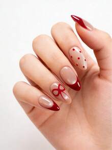 YINZIJIA Enhance Your Temperament With 10 Pieces Of Nude Pink Cat Eye Red French Press On Nail Art, Elegant Ballet Style Sweet Bow Nail Art, Short Almond Shaped Whitening High-End Atmosphere, Handmade And Reusable Fake Nails - Baby Pink - View 2