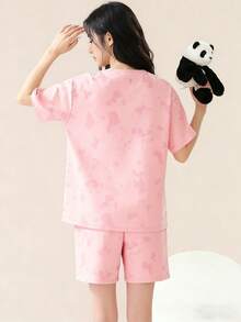 AICJ 2pcs Women Casual Panda Print Short Sleeve T-Shirt And Shorts Pajama Set, Comfortable For Spring And Summer - Pink - View 2