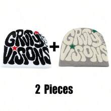 Fashionable Streetwear Hip Hop Cap, Knitted, Autumn/Winter, Women's, Letter Embroidery Design, Skullies Beanies - White and Gray - View 2
