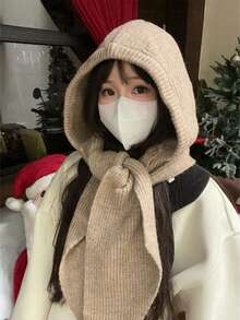 女士羊毛冬季连帽围巾套装，针织帽围巾套装，拉法帽，适合户外滑雪，保暖针织围脖连帽衫，适合冬季防寒