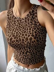 Women's Sleeveless Casual Leopard Print Fitted Cropped Top, Summer New Arrival - Khaki - View 10