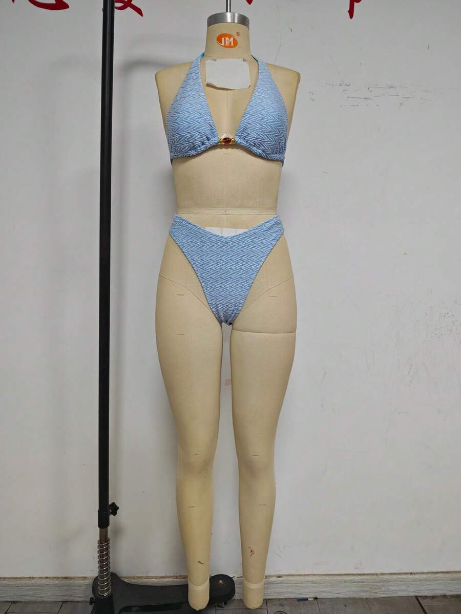 女士挂脖比基尼套装，性感露背泳装，三角上衣和下装 - 淺藍色 - 查看 1