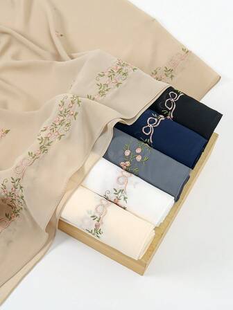 1条花卉刺绣雪纺头巾，70x170厘米，轻盈透气，多种颜色可选。