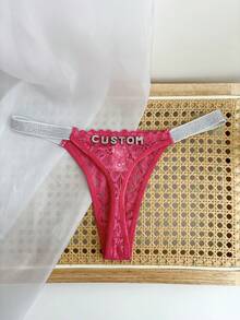 Personalized Name Thong, Shiny Crystal English Letters, Lace Silvery Belt Underwear T-Pants, Women'S See-Through Glitter Panties, G-String, Custom Name Couple Gift, Single Party Gift, Sexy Lace Thong With Custom Letters, For Lover, Girlfriend, Wife'S Birthday/Valentine'S Day/Air Conditioner/New Year/Holiday/Honeymoon Gift/Wedding Shower Present - Rose Red - View 3