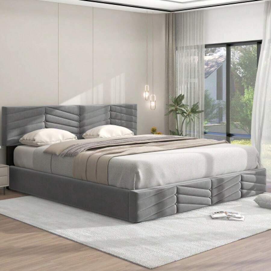 Upholstered Bed, Double Bed, Hydraulically Adjustable Base, Velvet, Striped Style, Continental Style Bed, Height-Adjustable Headboard, 160 X 200 Cm, Grey - Grey - View 1