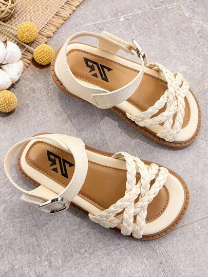 1 par de sandalias para niños, sandalias planas de moda para niñas, diseño de correa trenzada, minimalista y versátil, adecuadas para paseos de verano, ocio, viajes y vacaciones, sandalias para niños pequeños