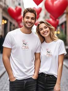1 pieza de ropa de pareja con diseño de "dos gatitos", estampado unisex, camiseta corta 100% algodón cómoda y transpirable, regalo festivo, para usar en todas las estaciones, camisa superior - Blanco - Ver 5