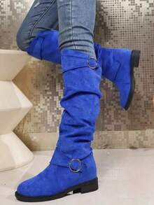 Women's Faux Suede Over-The-Knee Boots Chunky Sole Round Buckle Decor Side Zipper Versatile Casual Date Boots - 藍色 - 查看 3