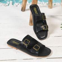 1 par de sandalias planas de cuero sintético con hebilla, de unicolor y unisex, adecuadas para el hogar, vacaciones y verano - Negro - Ver 2