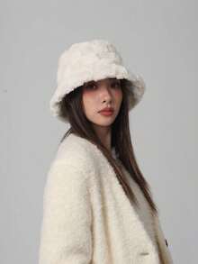 1pc Women's Brown Textured Faux Fur Bucket Hat - Warm Fluffy Winter Hat, Autumn/Winter Outfit