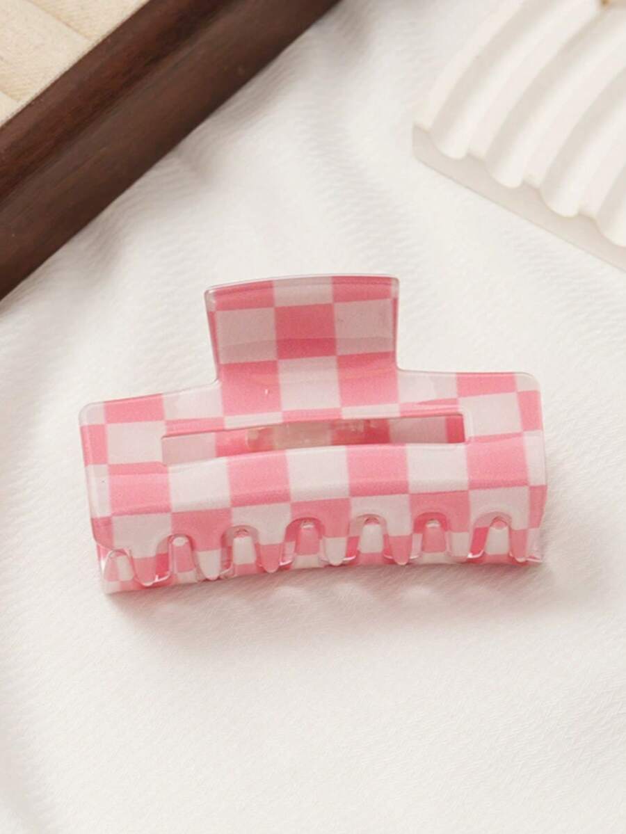 1件装女士高品质优雅甜美百搭粉色棋盘格镂空方格防滑时尚粉色发爪、发夹、头饰，适合情人节、复活节、母亲节等节日、派对、日常使用及送礼。 - 粉色 - 查看 1