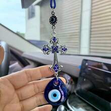 1件装时尚邪眼绿松石蓝眼睛水钻装饰十字架吊坠，汽车幸运饰品 - A - 查看 9