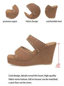 Solid Color Thick Sole Platform Sandals, Strap Super High Heel Matte Open Toe Wedge Sandals, Khaki Color, Wedge Shoes, Versatile Square Toe Studded Women Shoes - Khaki - View 7