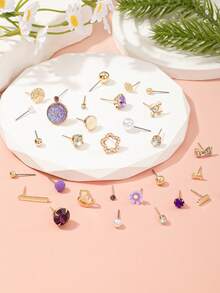 30 Pairs Women's Fashion Earrings Set, Elegant Minimalist Round, Heart, Geometric, Star Designs, Suitable For Party, Date, Holiday Gifts - Multicolor - View 4