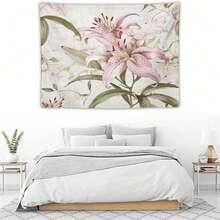 1pc Pink Lily Floral Tapestry, Tropical Leaf Tapestry, Elegant Scenery Wall Hanging Decor For Bedroom - Multicolor - View 2