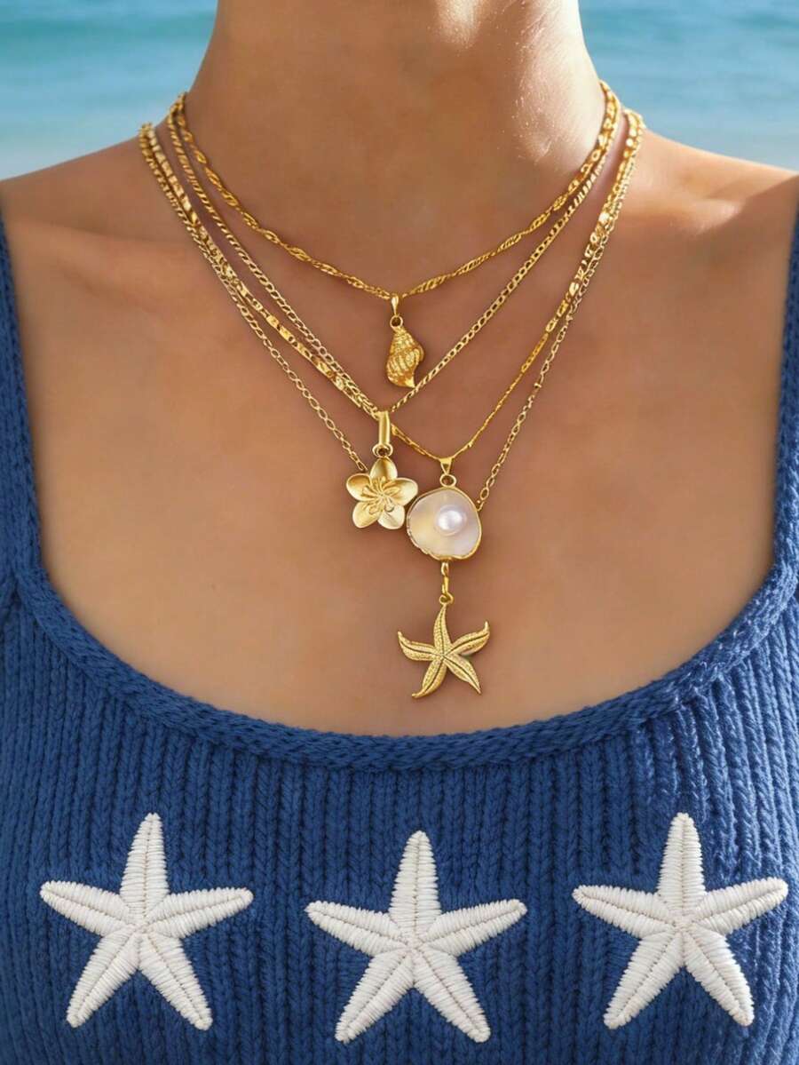 4pcs Bohemian Vintage Multi-Layer Necklace Set With Ocean-Themed Charms - Includes Starfish, Shell, Pearl, Flower Pendants. Suitable For Vacation, Summer Party Outfits, Luxurious Beachy Vibe - Yellow Gold - View 1