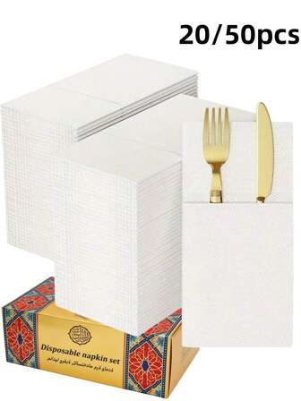 Vitt linnestrukturerat engångsservetterset, vita servetter med inbyggd bestickficka - Mycket absorberande, engångshanddukar, elegant bordsdukning för bröllop, fester, helgdagar och speciella evenemang, kan användas som gästhanddukar, festtillbehör | Raffinerad bordsdekoration | Bestickförvaringsdesign