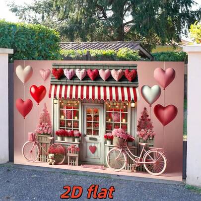 1PC,2D Flat, Romantic Valentine's Day Window Background Banner, Made Of Polyester Fabric, Featuring Hearts, Flowers, And Bicycle Designs, Suitable For Valentine's Day Party Decoration, Window Decoration, Weddings, Birthdays, Marriage Proposals, Wedding Arrangements