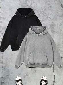 2-Piece Set  400g Heavyweight Fabric Men's Solid Color Drop Shoulder Long Sleeve Drawstring Pocket Casual Hoodie, Autumn/Winter,Back To School  Street Life  Vintage Washed Oversized Hoodie Sweatshirt (With Reinforced Neckline, Hemline And Shoulder Seams To Prevent Deformation) Discounted Basic Model Polyester Cotton - Đen + Xám - Xem 16