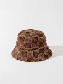 1pc Women's Brown Textured Faux Fur Bucket Hat - Warm Fluffy Winter Hat, Autumn/Winter Outfit