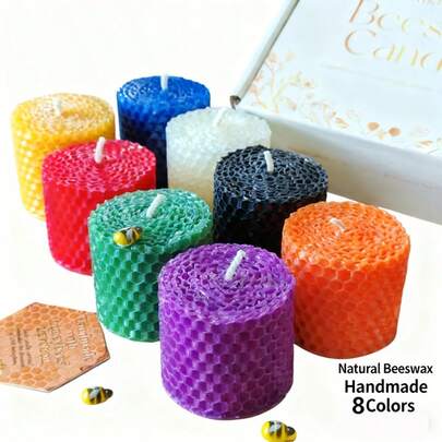 4/8支装纯蜂蜡柱状蜡烛，2 x 2英寸（约5 x 5厘米），卷状蜂巢蜂蜡蜡烛 - 无滴蜡，无烟，适用于家居装饰、派对、婚礼、晚宴、洗礼等场合。