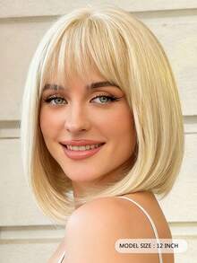 باروكة بوب ذهبية أنيقة مقاس 12 بوصة مقاومة للحرارة كثيفة الكثافة مع غرة، مناسبة للارتداء اليومي والحفلات