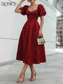 DONICY Đầm nữ dài ngang gối tay phồng cổ vuông màu đỏ tía dập nổi, kiểu dáng mới, thích hợp cho ngày Valentine, lễ hội và mặc hàng ngày. - Màu Đỏ Sâu - Xem 8