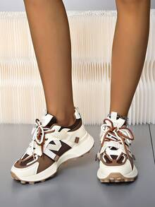 Women's Round Toe Lace Up Thick Sole Casual Comfort Running Sneakers - Brown - View 3