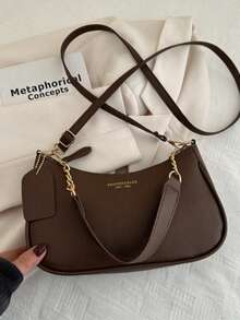 New Fashion Classic Versatile PU Waterproof Fabric M Letter Pattern Shoulder Bag, Printed Design Metal Chain Decoration Design French Baguette Bag, Women's Shoulder Bag Suitable For Shopping. Commuting, Travel Use - 咖啡 - 查看 5