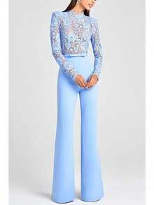 Jumpsuits For Woman Winter Clothes For Women One Piece Jumpsuit  New Years Outfit Women Lace Trim Fringed Pants, See-Through And Sexy One-Piece Pants - 天藍色 - 查看 5