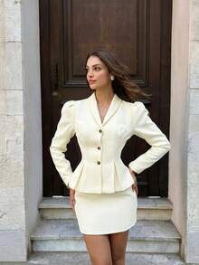 Women's Luxury White Faux Fur 2-Piece Set: Elegant Gold Button Ruffle Trim Blazer Jacket And Mini Skirt, Fashionable Old Money Aesthetic Suitable For Carnival Parties, Nightout, Office Wear, Paddington Style Outfit, Spring To Summer - Apricot - View 3