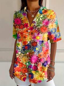 Vintage Floral Art Print Women's Plus Size Button-Up Short Sleeve Hawaiian Shirt - Màu hỗn hợp - Xem 3